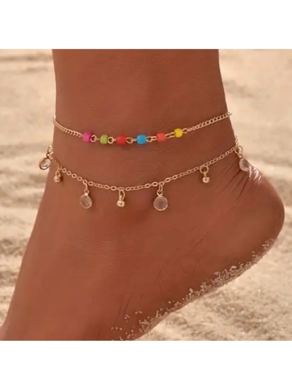Multicolor Bead & Dangling Crystal Gold Toned Anklet Set